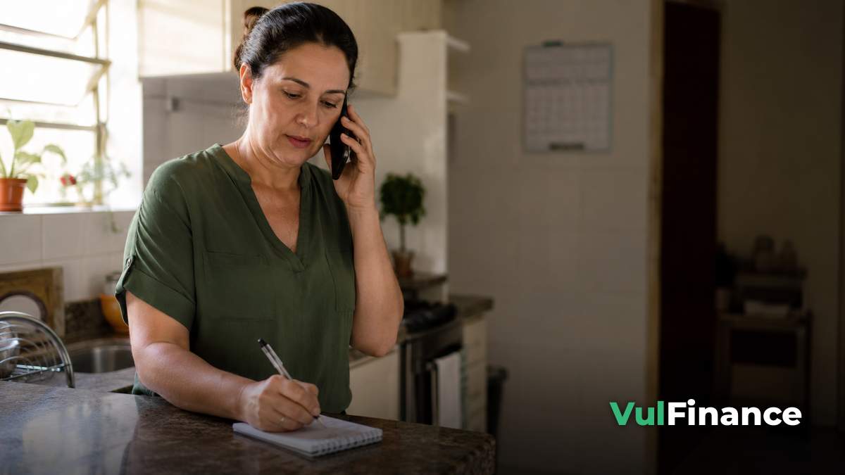 mulher na cozinha ao telefone anotando informacao sobre o pagamento do Bolsa Familia