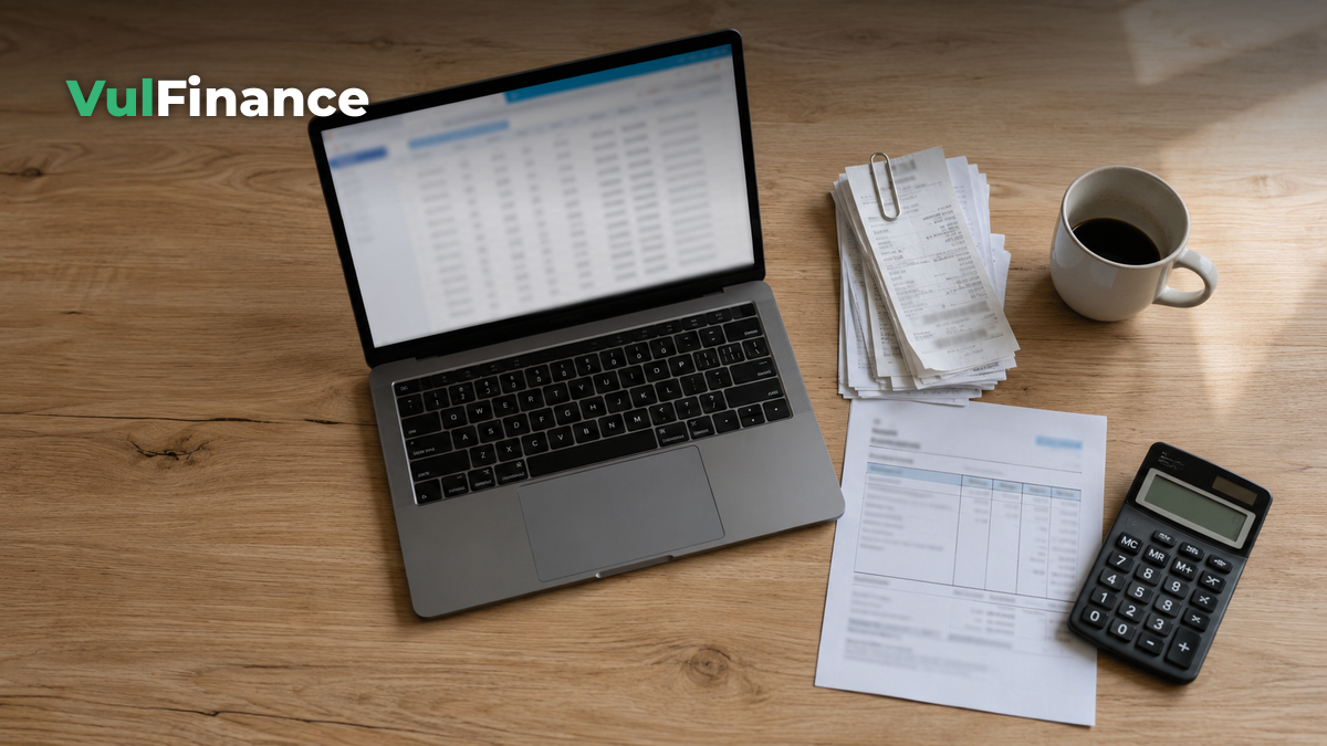 notebook com extrato, notas fiscais e calculadora sobre a mesa representando os documentos que substituem o holerite no credito para autonomo e MEI