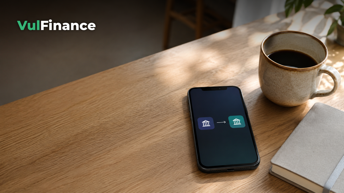 celular sobre a mesa mostrando o compartilhamento de dados entre dois bancos, representando o Open Finance