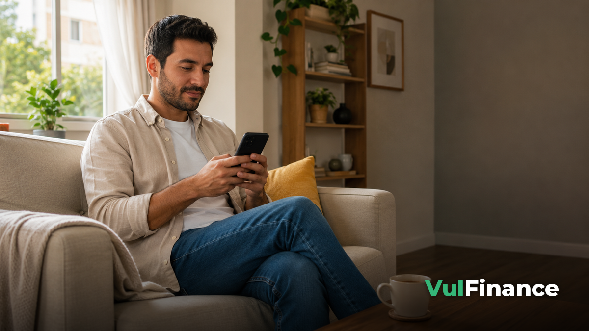 Restituição automática cashback imposto de renda 2026 como consultar: homem no sofá conferindo o pagamento pelo celular