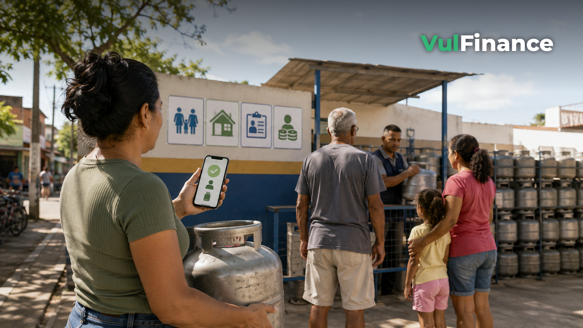 família recebendo a recarga do botijão de gás pelo Programa Gás do Povo